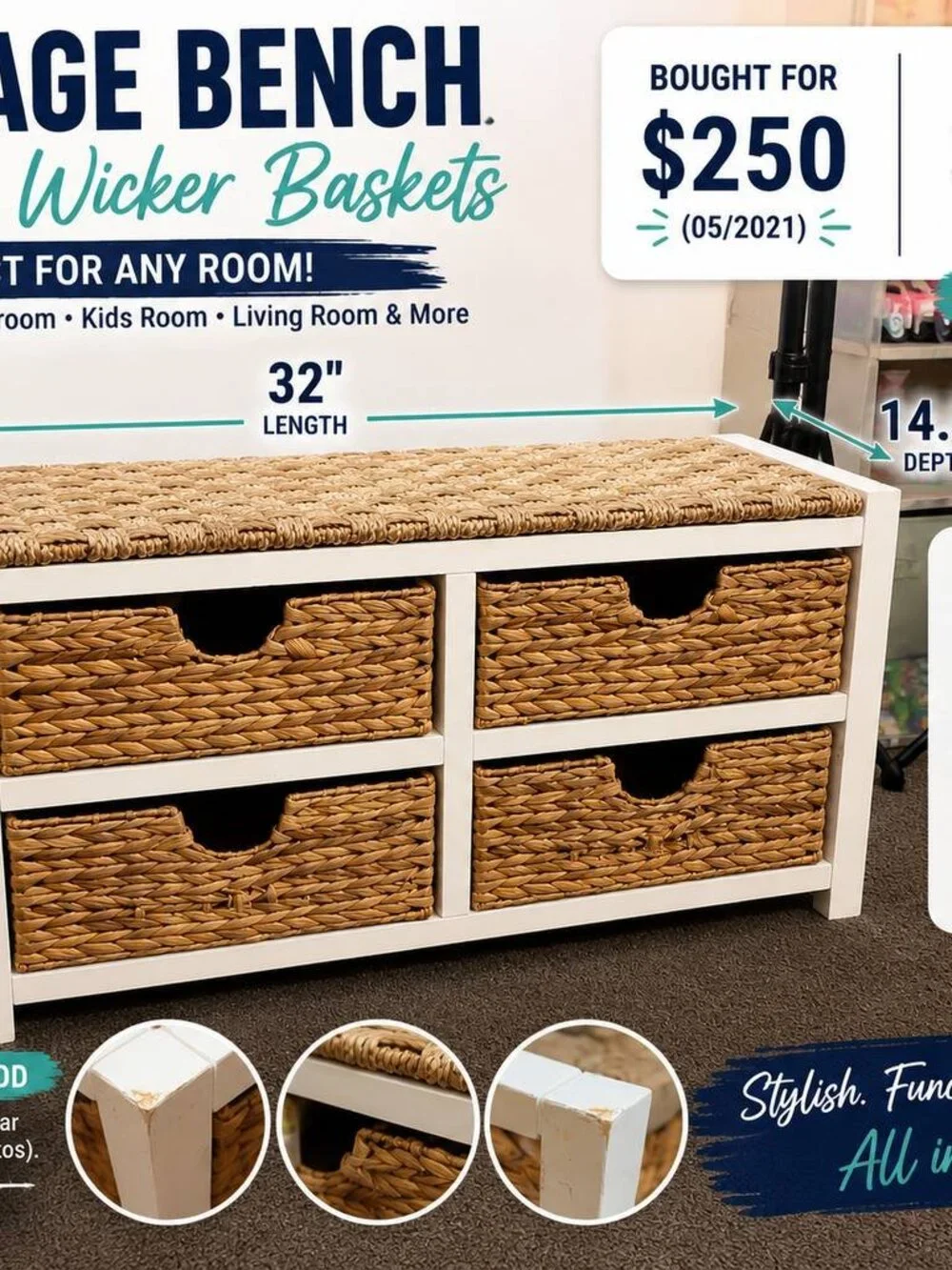 Storage Bench with 4 Wicker Baskets – White & Natural